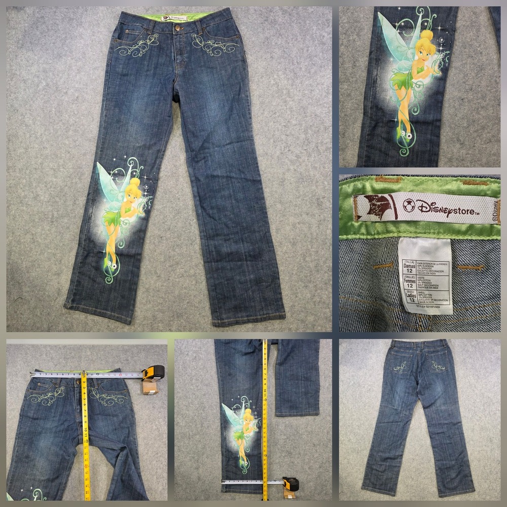 Disney Store Tinker Bell Jeans Womens 12 Blue Straight Leg Graphic Stretch Denim